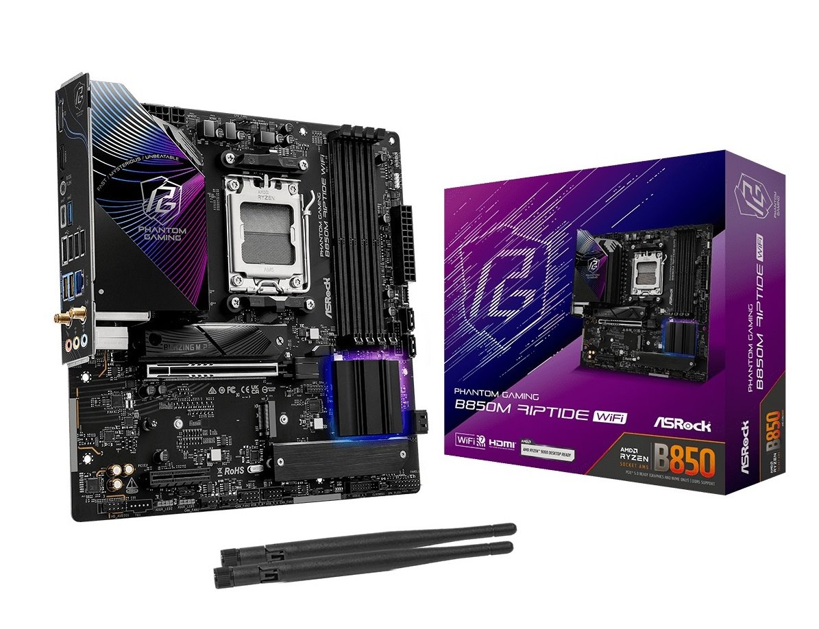 MB Asrock Phantom Gaming B850M RIPTIDE WIFI /AM5/4xDDR5/M.2/W7+BT5.4/HDMI/DP/mATX