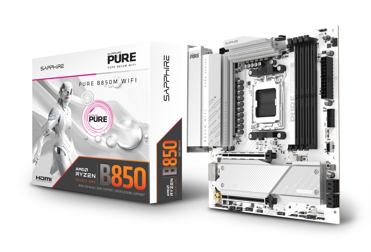 MB SAPPHIRE PURE B850M WIFI, AM5, 4x DDR5 DIMM, 2x M.2, 4x SATA, 1x 2,5Gb LAN, BT, WF6, 2xPCIe