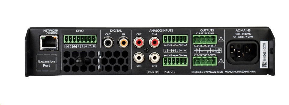 ORIGIN - Zesilovač ProA250.2 / DSP / 4-kanálový / 4x 125W nebo 2x 250W Hi-Z / 1U half-rack