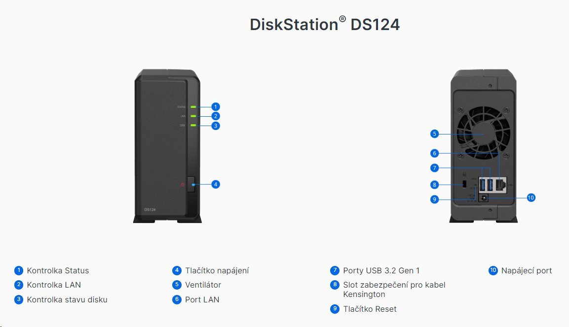 Synology DiskStation DS124 1-bay NAS, CPU QC Realtec RTD1619B 64bit, RAM 1GB, 2x USB 3.2, 1x GLAN