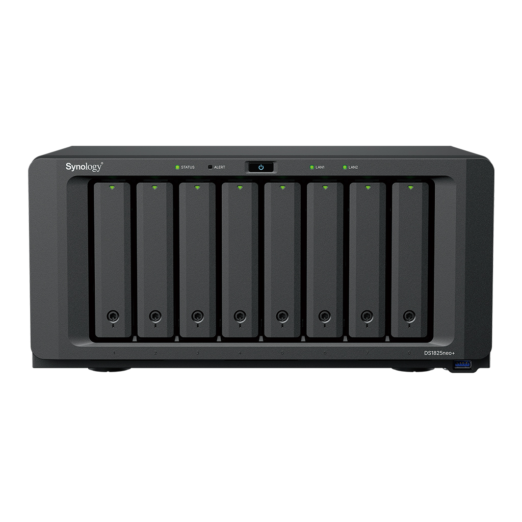Synology DiskStation DS1825neo+, 8-bay NAS, CPU QC AMD Ryzen V1500B 64bit, RAM 4GB non ECC, USB-C, LAN 2x 2.5Gb