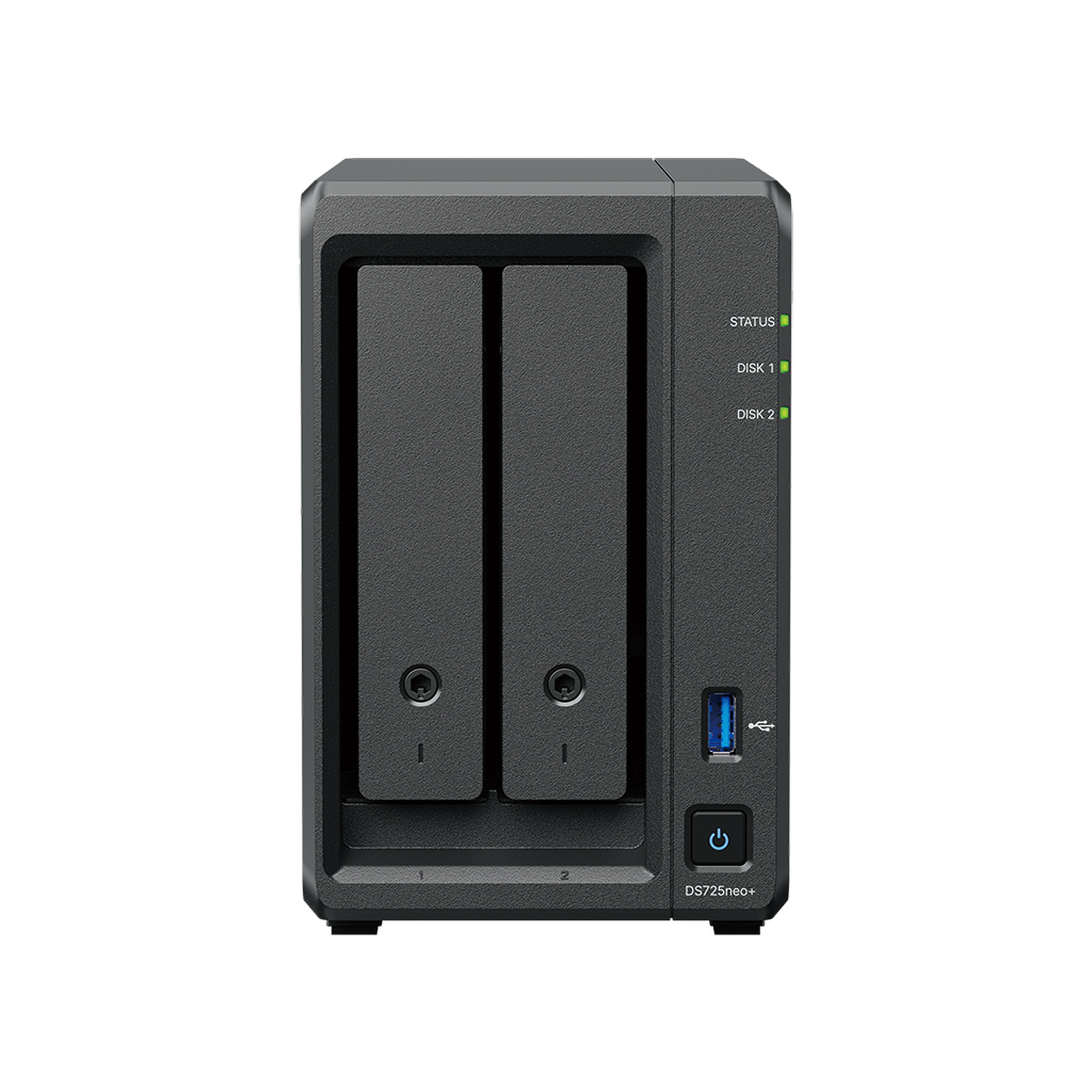 Synology DiskStation DS725neo+, 2-bay NAS, CPU DC AMD Ryzen R1600 64bit, RAM 4GB non ECC, USB-C, LAN 1x 2.5Gb + 1x 1Gb