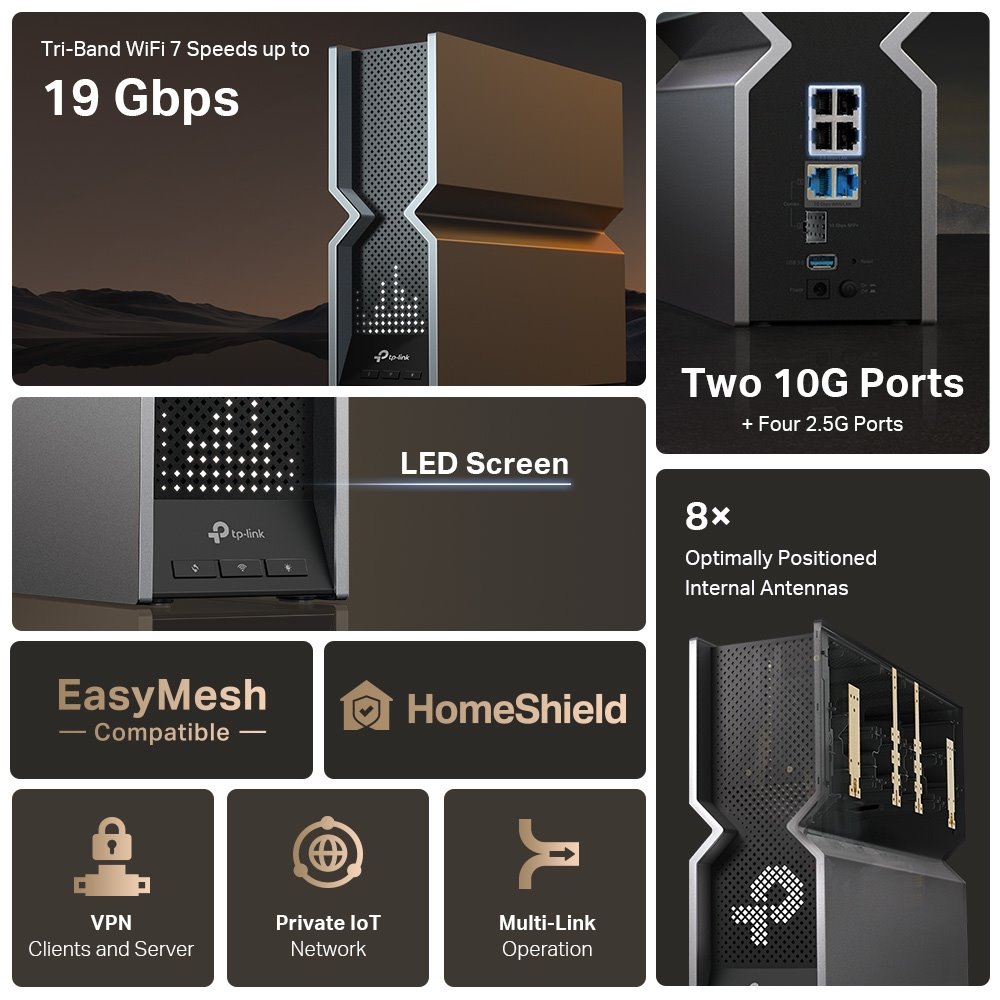 TP-link Archer BE800 Tri-Band Wi-Fi 7 Router BE19000, 8 int., 1x10G, 4x2.5G, 1xSFP+, 1×USB-A 3.0
