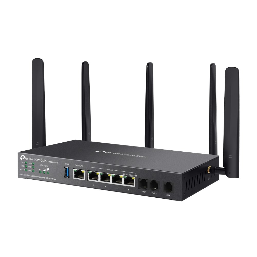 TP-link DR3650v-4G Omada 4G+ Cat6 AX3000 Gigabit DSL Wi-Fi Gateway 1G WAN/LAN, 4G LAN, 1x DSL, 2x FXS, 1x USB 3.0, 2x Na