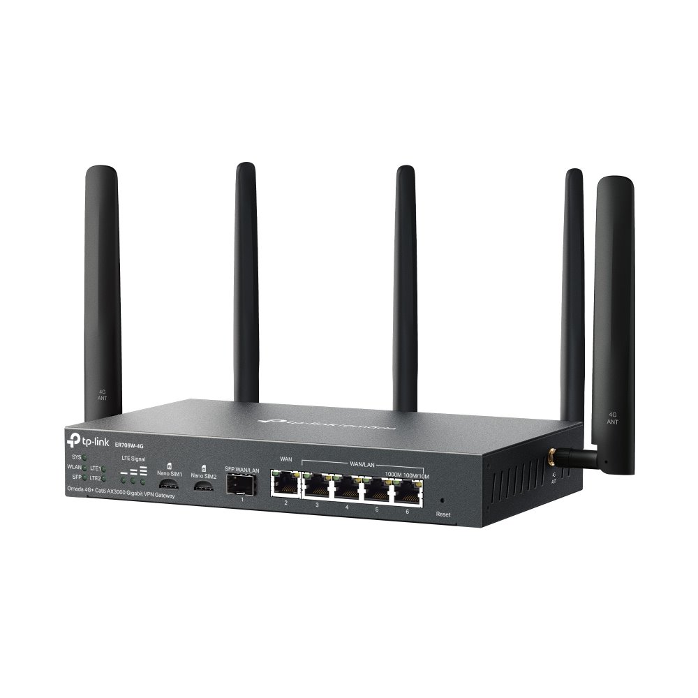 TP-link ER706W-4G Omada 4G+ Cat6 AX3000 Gigabit Wi-Fi VPN Router 1SFP WAN/LAN, 1G WAN, 4G WAN/LAN, 1x Nano SIM