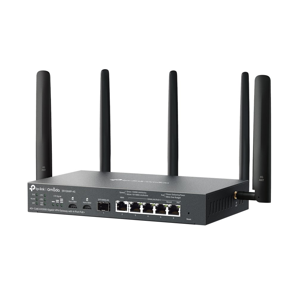 TP-link ER706WP-4G Omada 4G+ Cat6 AX3000 Gigabit Wi-Fi VPN Router 1SFP WAN/LAN, 1G WAN, 4G WAN/LAN (4x PoE+ 45W), 2x Nan