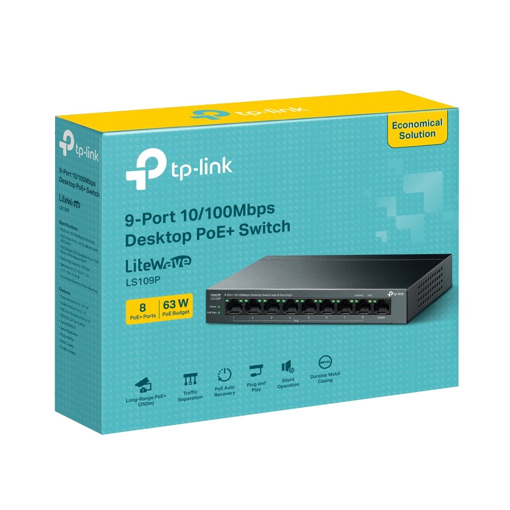 TP-link LS109P Switch 9x 10/100M, 8x PoE+ (63W), kovový, Desktop