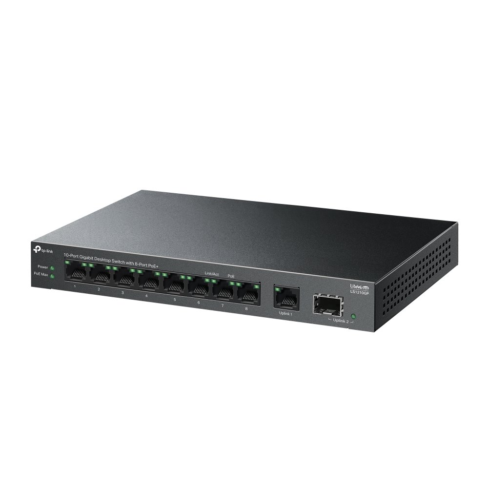 TP-link LS1210GP Switch 9G, 1SFP, 8x PoE+ (61W), kovový, Desktop