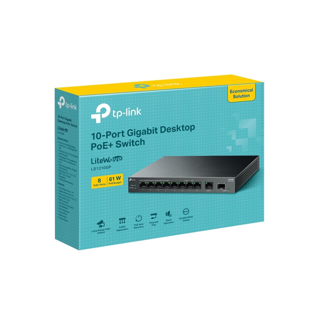 TP-link LS1210GP Switch 9G, 1SFP, 8x PoE+ (61W), kovový, Desktop