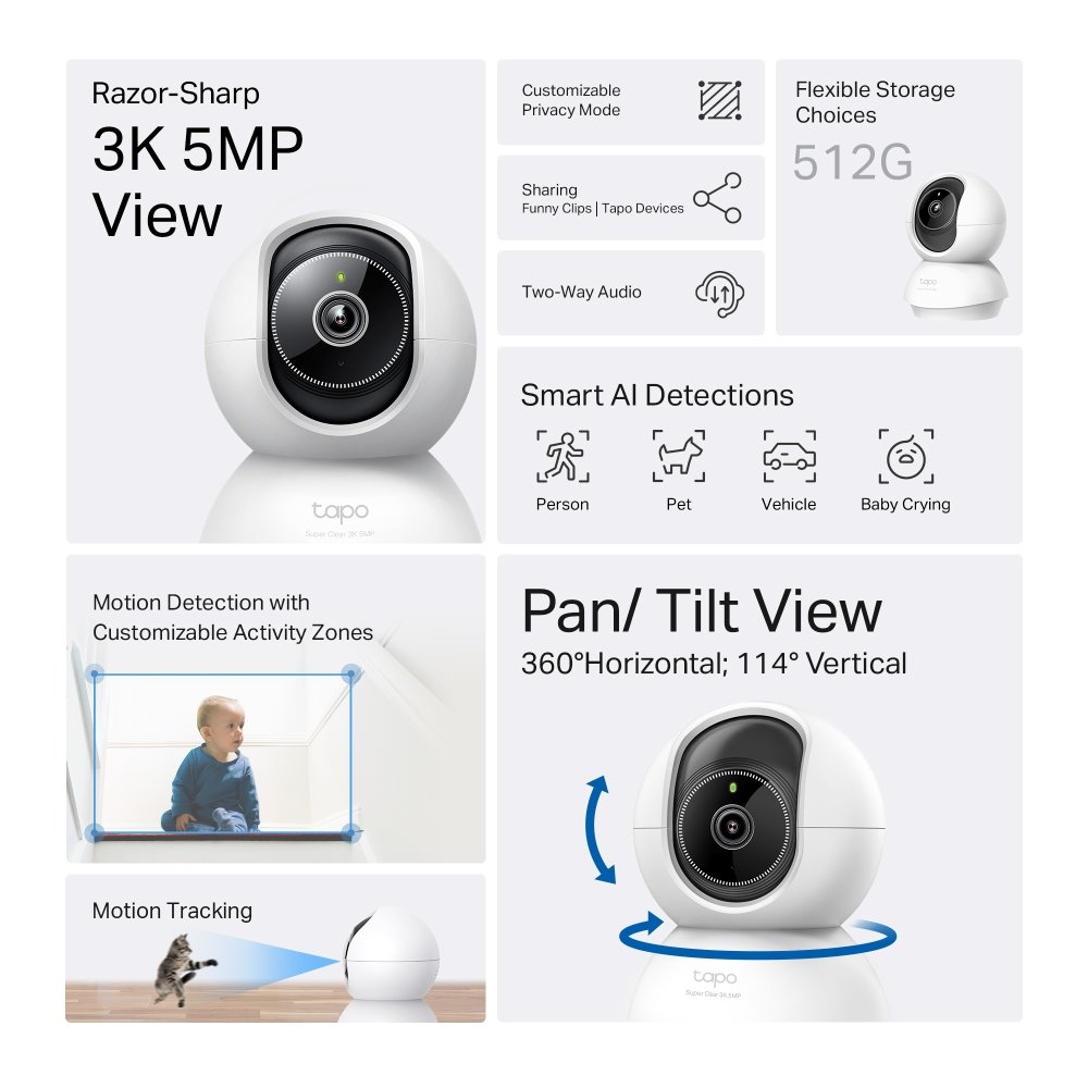 TP-link Tapo C230 Domácí bezpečnostní Wi-Fi kamera s naklápěním, 5Mpx