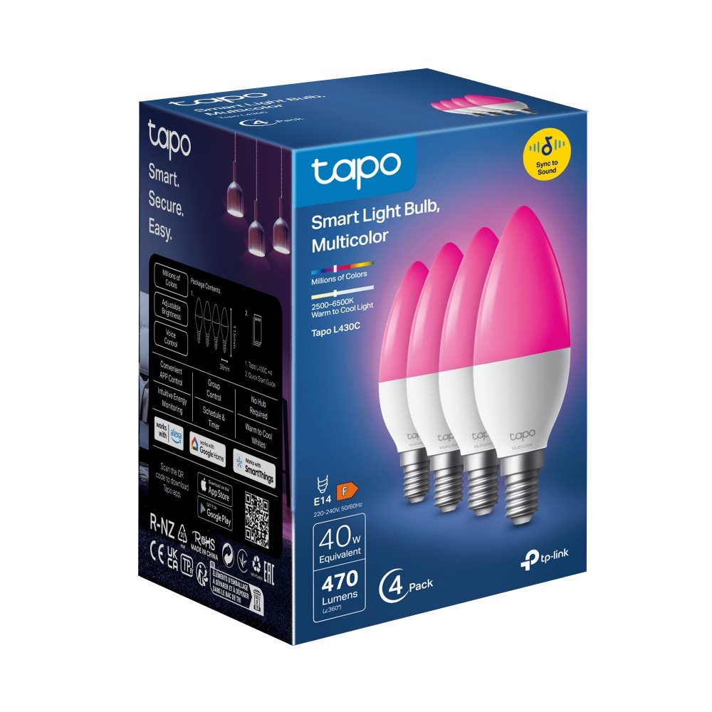 TP-link Tapo L430C Chytrá Wi-Fi LED žárovka, barevná, 2500-6500K, E14, 4-pack