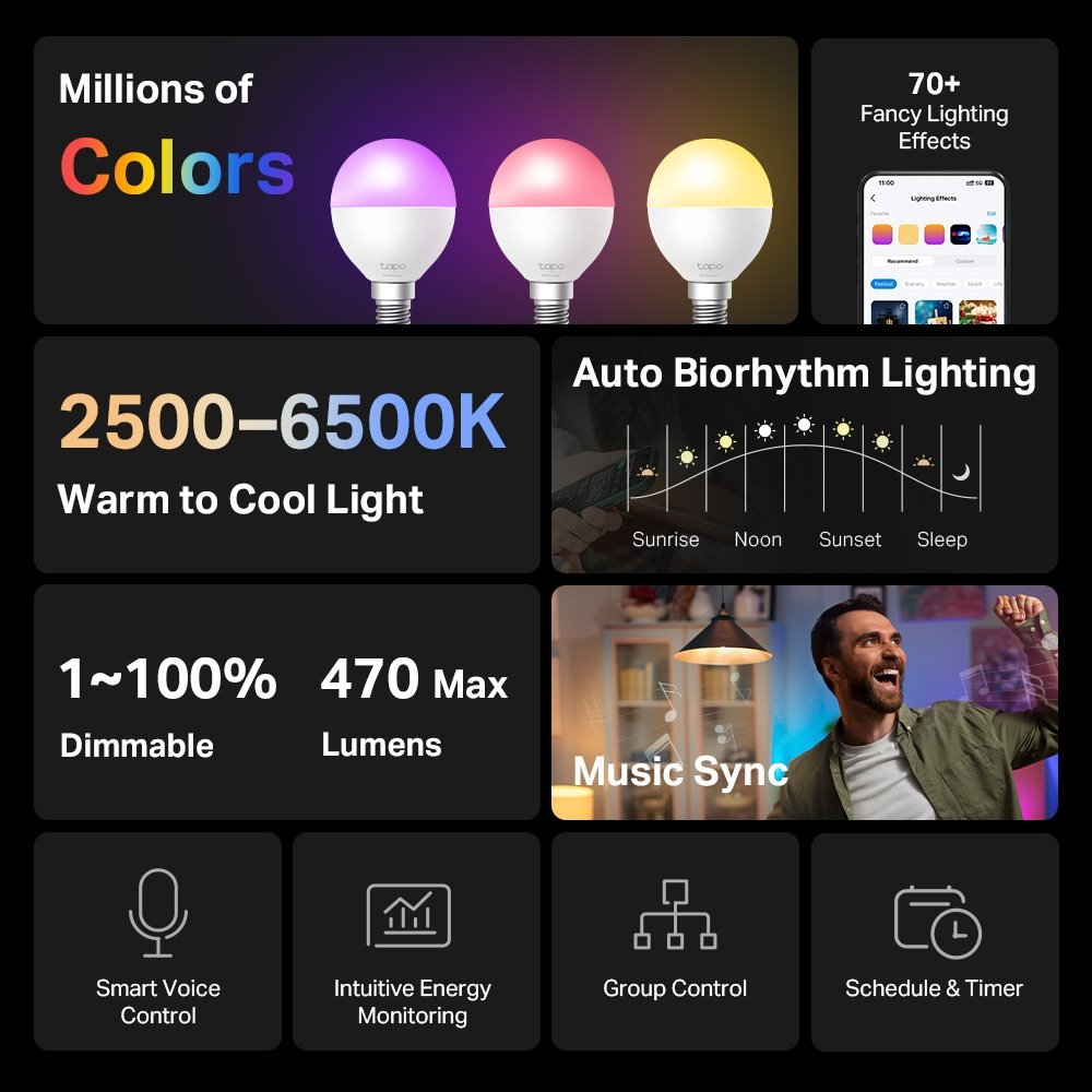 TP-link Tapo L430P Chytrá Wi-Fi LED žárovka, barevná, 2500-6500K, E14