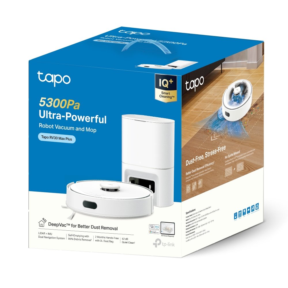 TP-link Tapo RV30 Max Plus White robotický vysavač a mop se samovyprazdňovací stanicí, 5300Pa, 3L vak, LiDAR + IMU, bílá