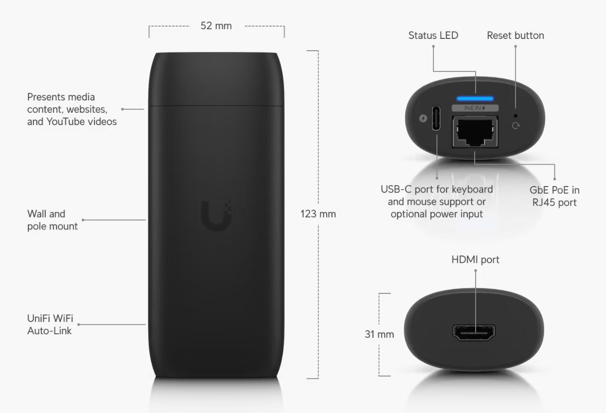 Ubiquiti Display Cast Pro (UC-Cast-Pro) - Digital signage přehrávač, výstup HDMI 4K, připojení WiFi/RJ-45, PoE/USB-C nap