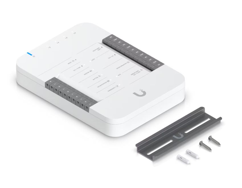 Ubiquiti Přístupový systém (UA-Hub-Door), rozbočovač/kontroler, 1x PoE++ vstup, 5x 1Gb LAN, PoE výstup, 4x relé, DIN
