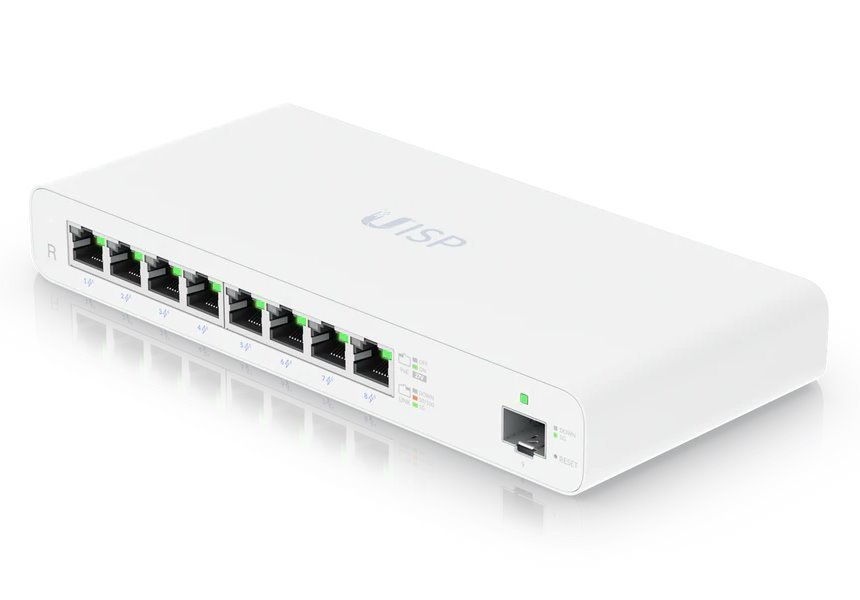 Ubiquiti Router UISP-R, 8x Gbit RJ45, 1x SFP port, 8x PoE výstup, PoE budget 110W, fanless, bílý