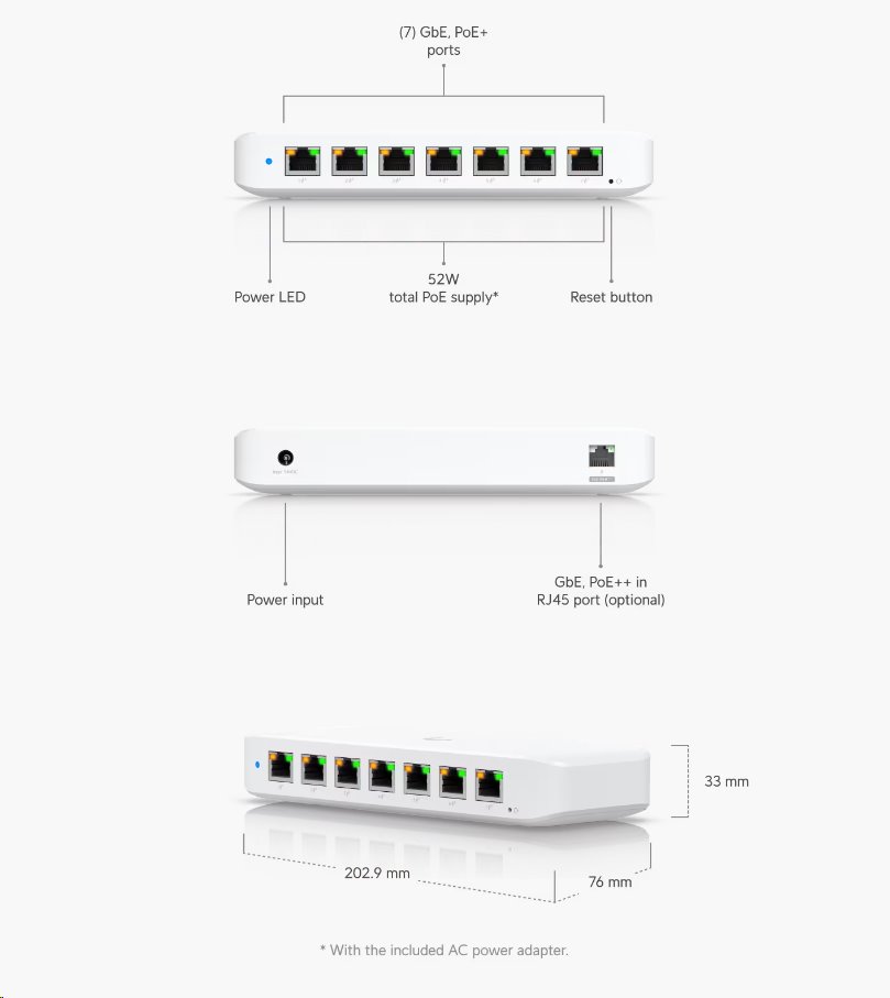 Ubiquiti Switch L2 UniFi USW-Ultra, 8-Port Gigabit, 7x PoE+-out, 1x PoE++ in, PoE budget 52W, s AC adaptérem