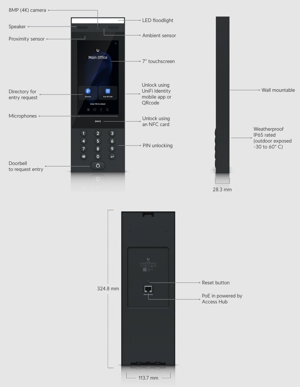 Ubiquiti UA-Intercom, Přístupový systém, NFC čtečka, kamera, dotyk. displej, 1x RJ-45, Bluetooth 4.2, NFC, PoE, IP65