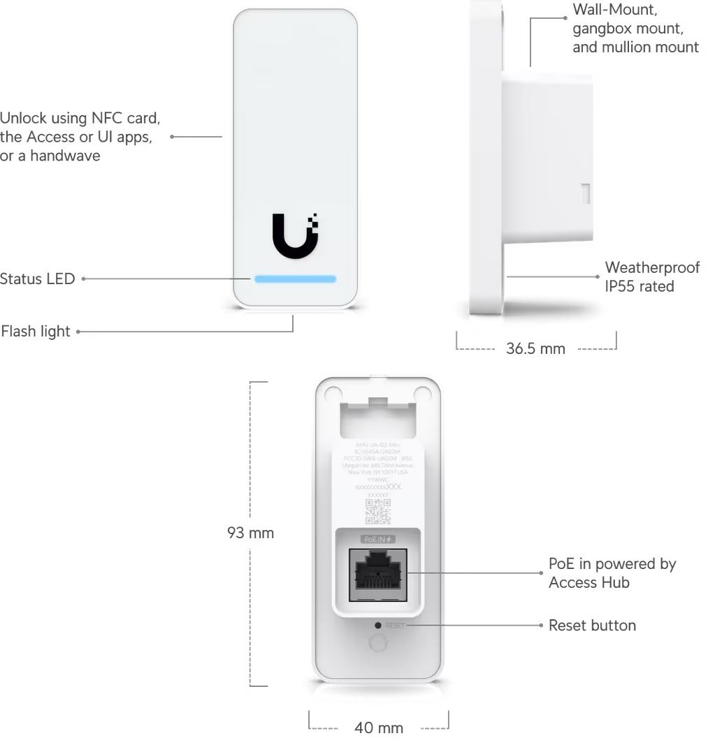 Ubiquiti UniFi Přístupová čtečka karet G2, NFC, PoE, IP55 rezistance, bílá