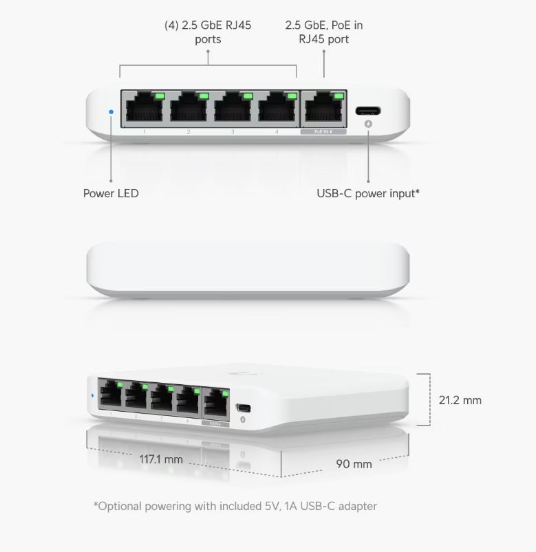 Ubiquiti UniFi Switch Flex Mini 2.5G (USW-Flex-2.5G-5), 5-Port 2.5Gbt, PoE-in, USB-C