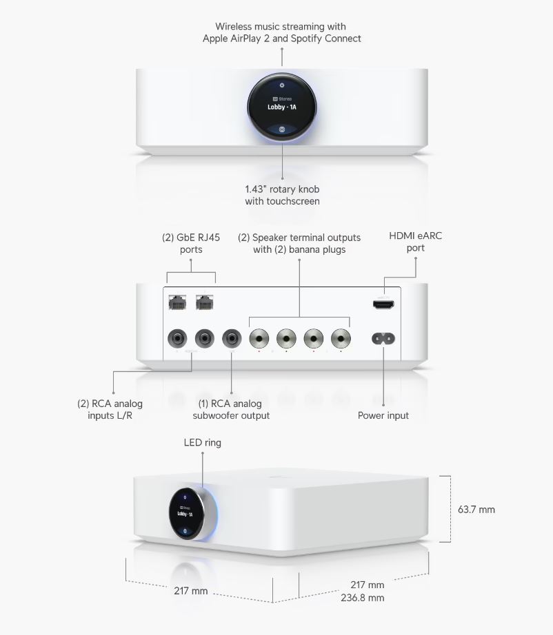 UniFi Play PowerAmp (UPL-Amp-W) - Prémiový výkonný audio zesilovač, 130W, 2x RCA, 1x HDMI, bílý