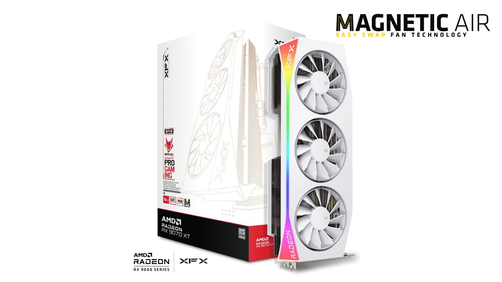 VGA XFX Mercury AMD Radeon RX 9070 XT OC 16GB GDDR6, Magnetic Air Edition RGB, White