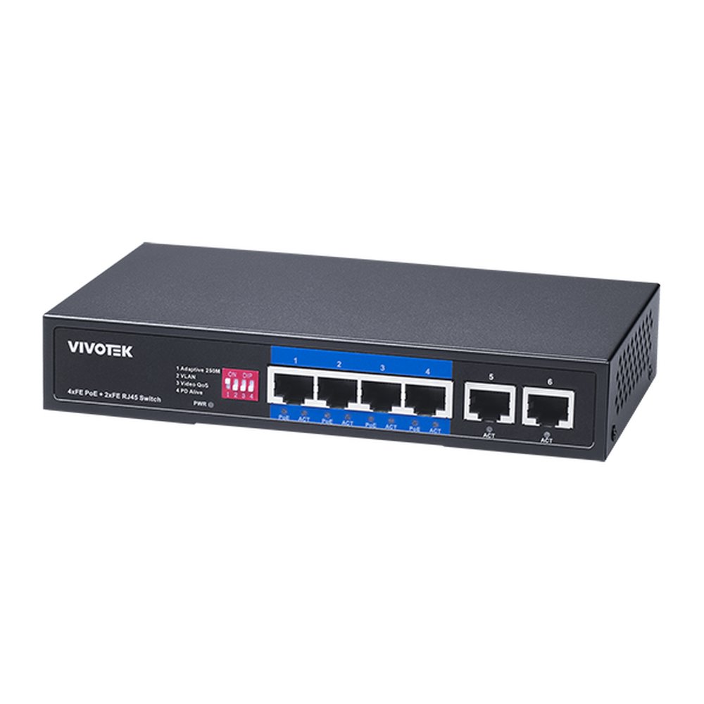 Vivotek AW-FET-060P-060 Switch, 4× FE PoE + 2× FE, 802.3af/at, PoE 60W, dosah až 250 m, nemanagovaný