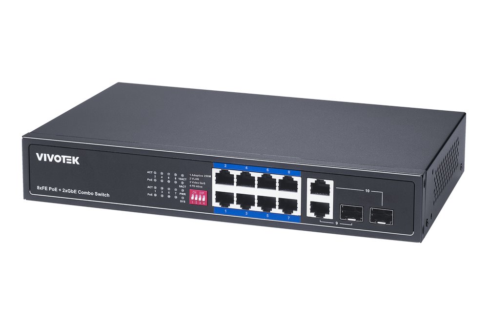 Vivotek AW-FGT-100P-110 Switch, 8× FE PoE + 2× GE Combo, 802.3af/at, PoE 110W, dosah až 250 m, nemanagovaný