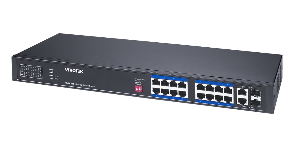 Vivotek AW-FGT-180P-250 Switch, 16× FE PoE + 2× GE Combo, 802.3af/at, PoE 250W, až 250 m, nemanagovaný