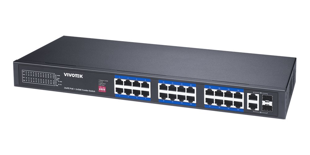 Vivotek AW-FGT-260P-370 Switch, 24× FE PoE + 2× GE Combo, 802.3af/at, PoE 370W, až 250 m, nemanagovaný