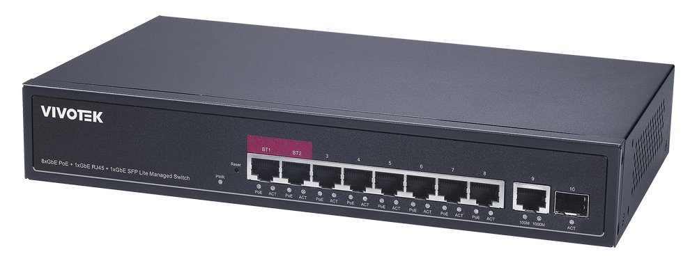 Vivotek AW-GEL-105A-110 Lite Switch, 8× GE PoE + GE + SFP, af/at/bt, PoE 110W, VLAN, dosah 250 m, managed