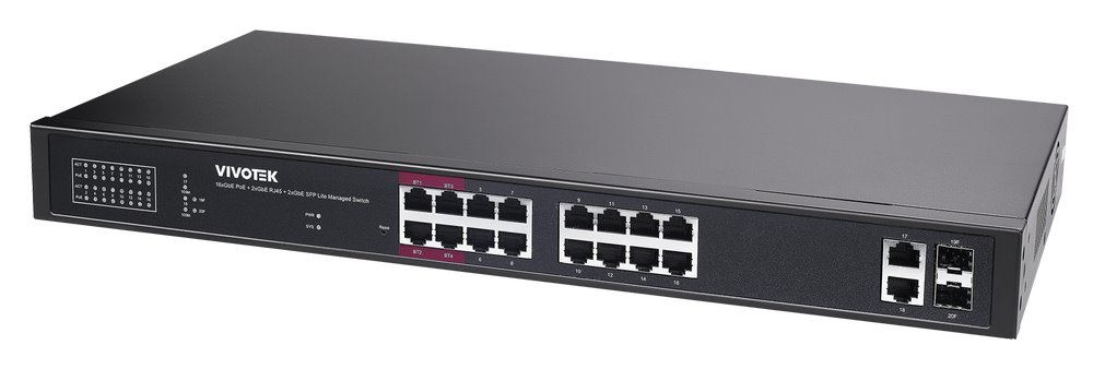 Vivotek AW-GEL-205A-260 Lite Switch, 16× GE PoE + 2× GE + 2× SFP, af/at/bt, PoE 260W, dosah 250 m, managed