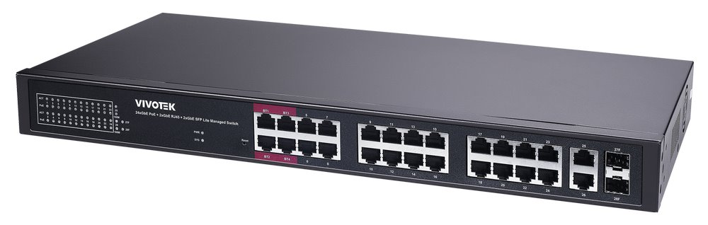 Vivotek AW-GEL-285A-380 Lite Switch, 24× GE PoE + 2× GE + 2× SFP, af/at/bt, PoE 380W, dosah 250 m, managed