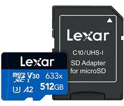 Lexar paměťová karta 512GB High-Performance 633x microSDXC™ UHS-I (čtení/zápis:100/70MB/s) C10 A2 V30 U + adaptér