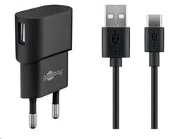 PremiumCord Napájecí a nabíjecí adaptér 230V na USB 5V/1A + USB-C kabel 1m, černý