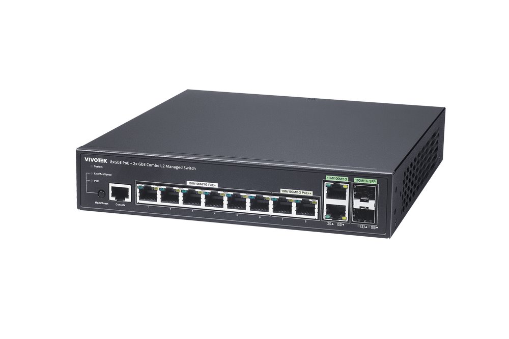 Vivotek AW-GEV-108A-130 Switch, 8× GE PoE + 2× GE/SFP Combo, 802.3af/at, PoE 130W, managed