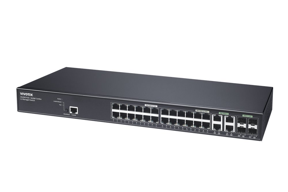 Vivotek AW-GEV-288A-370 Switch, 24× GE PoE + 4× GE/SFP Combo, 802.3af/at, PoE 370W, managed