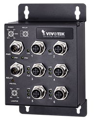 VIVOTEK switch 4x10/100 M12 4-pin D-kód PoE (802.3af/at, PoE budget 120W, 30W per port) + 2x10/100 M12 4-pin D-kód